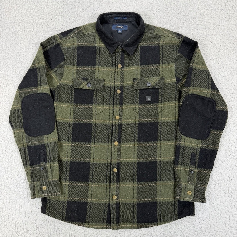 Roark‎ Flannel Shirt Men's L Green Plaid Elbow Patch Outdoors Heritage Utility